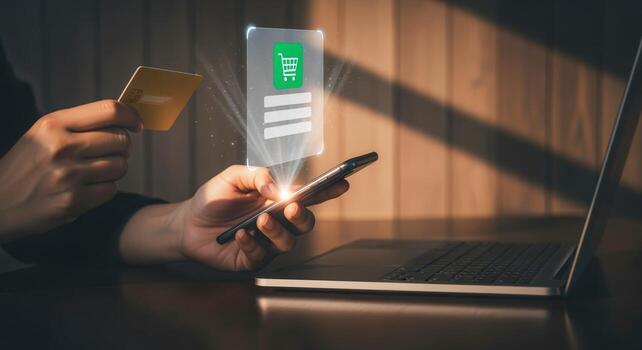 Online Shopping Transaction Customer Using Mobile Phone and Credit Card for Secure Payment photo