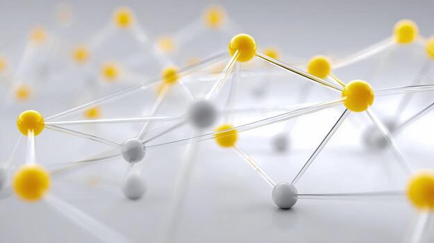 Abstract Molecular Structure Illustration Yellow and White Spheres Connected by Lines, Representing Science, Technology, and Innovation photo