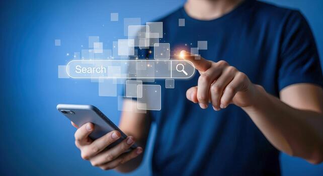 Man Using Search Bar on Digital Screen with Mobile Phone for Information Access photo