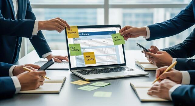 Business Team Analyzing Data on Laptop Screen with Sticky Notes for Collaboration and Planning photo