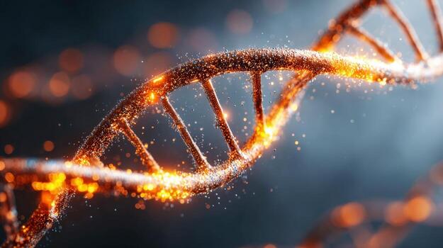 DNA Strand with Glowing Particles, Close-Up Genetic Code Visualization for Science and Medical Concepts photo