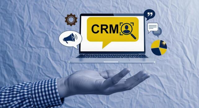 CRM System Presentation Hand Displaying Laptop with Customer Relationship Management Software and Communication Icons photo