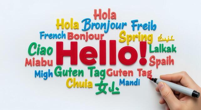 Multilingual Hello Message Concept Hand Holding a Pen Over Colorful Word Cloud on White Background photo