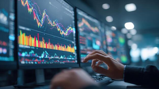 Financial Analyst Monitoring Stock Market Data on Multiple Screens for Investment Strategy and Trading Decisions photo