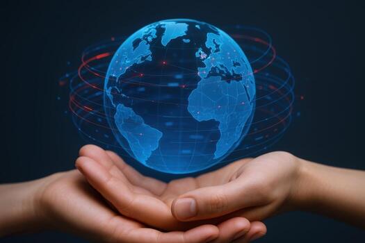 Hands Holding Digital Globe with Network Connections Global Communication, Technology and Innovation Concept photo