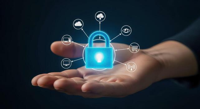 Cybersecurity Protection Displayed as a Hologram Above a Hand Against a Dark Background in a Studio Setting photo