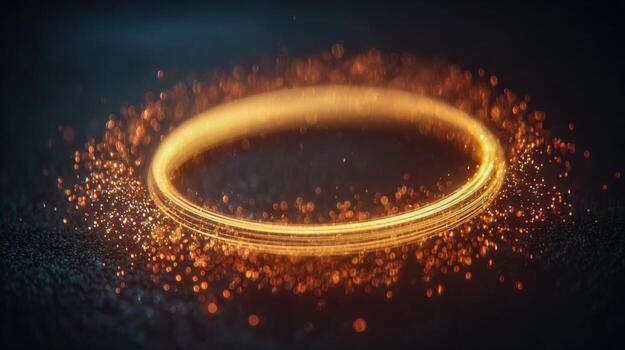 Abstract Golden Circle with Glittering Particles on Dark Surface, Perfect for Technology and Luxury Concepts photo