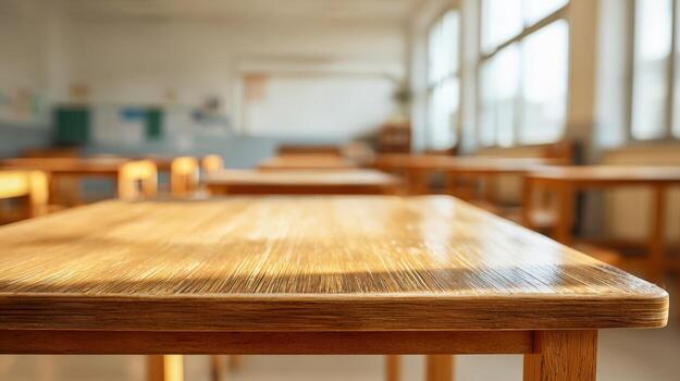Classroom Desks in Empty School, Education Concept, Wooden Furniture, Sunlight, Learning Environment, Study Space photo