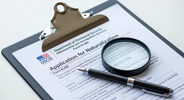 Naturalization Application Form with Pen and Magnifying Glass on Clipboard Represents Immigration Paperwork photo