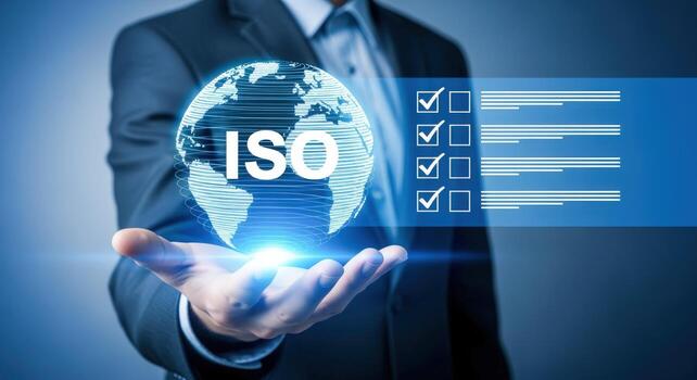 ISO Standards Compliance Concept Man Holding Globe with Checklist, Ensuring Quality and Global Standards photo