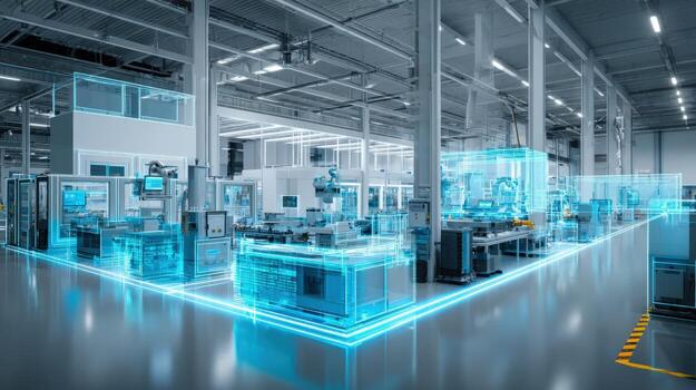 Modern Factory Interior with Automated Production Lines and Digital Overlay, Illustrating Industry 40 and Smart Manufacturing photo