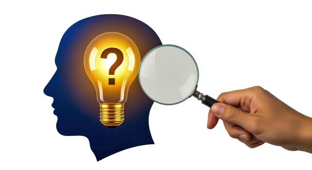 Searching for Solutions Light Bulb Question Mark Inside Head Silhouette Investigated with Magnifying Glass photo