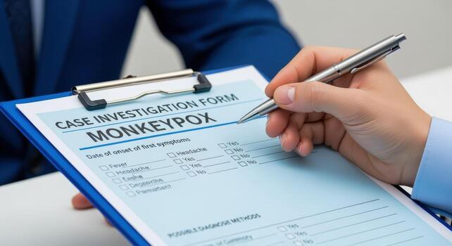 Case investigation form, monkeypox close-up of hand holding pen to fill in a form during doctor visit photo