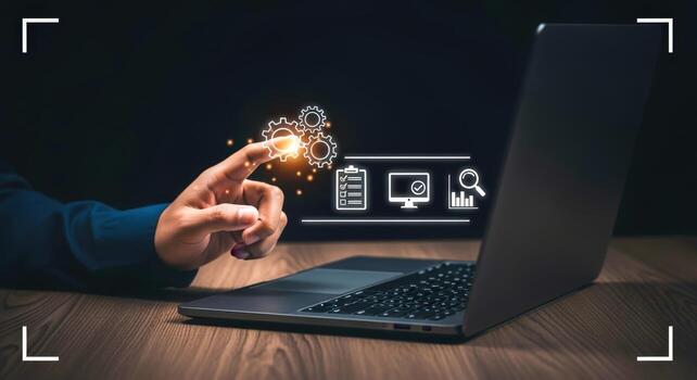 automatización concepto mano conmovedor virtual engranajes terminado ordenador portátil para eficiente flujo de trabajo y negocio proceso mejoramiento foto