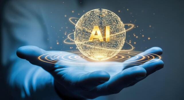 Artificial Intelligence Concept Hand Holding Digital Brain with AI Text, Representing Future Technology photo