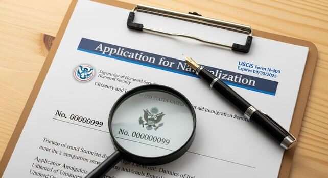 Application for Naturalization Form N-400 on Clipboard with Pen and Magnifying Glass, Immigration Services Concept photo