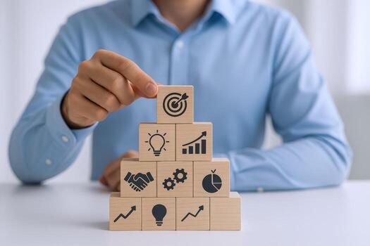 Man building pyramid with strategy blocks symbolizing goals, ideas, teamwork and success in business and investments photo
