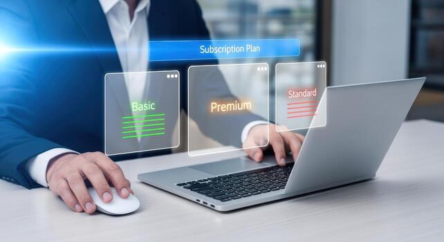 Subscription plan selection interface featuring a man using a laptop, highlighting different service tiers and digital options photo