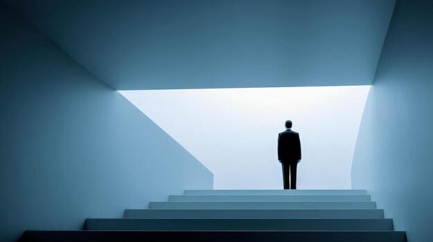 Silhouette of a Business Person Ascending Stairs Towards a Bright Exit Representing Opportunity and Success photo