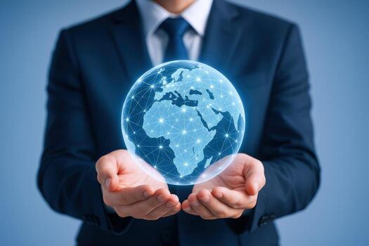 Global Network Concept Businessman Holding Digital Globe Representing Connectivity and International Business Solutions photo