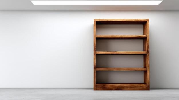 Empty Wooden Bookshelf Against a White Wall in a Minimalist Interior Design Studio with Concrete Floor photo