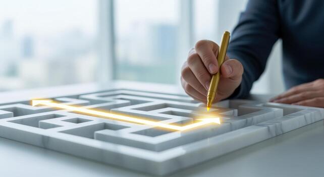 Solving a Maze Hand Guiding a Path Through a Labyrinth with Pen, Symbolizing Strategy and Solutions photo