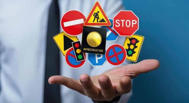 Hand Presenting Floating Road Signs Symbolizing Traffic Management, Safety, and Infrastructure Solutions for Modern Transportation photo
