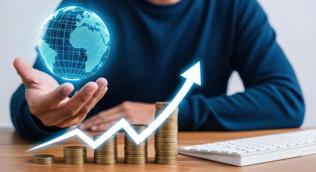 Global Economic Growth Concept A Man Holding a Holographic Globe with Ascending Coin Stacks and Arrow photo