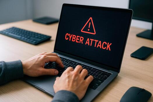Laptop Displaying Cyber Attack Alert with Person Typing, Highlighting Digital Security Threats and Online Vulnerabilities photo