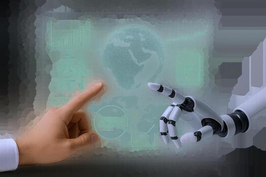 Robotic and Human Hands Interact with Holographic Display of Renewable Energy Data and Global Sustainability photo