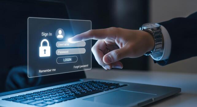 Accessing Secure System Person Logging into Laptop with Digital Interface, Account Security and Cybersecurity Concept photo