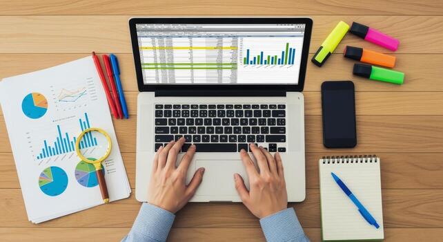 Overhead View of Business Professional Analyzing Data and Graphs on Laptop, Surrounded by Office Supplies photo