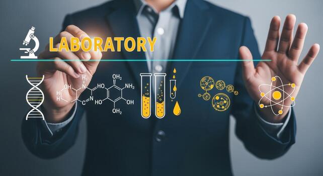 médico investigador visualizante innovador científico conceptos en un digital interfaz en un moderno laboratorio foto