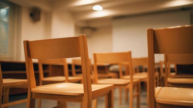 Empty Classroom with Wooden Chairs Awaiting Students, Ready for Learning and Education photo