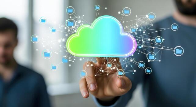 Cloud Computing and Data Storage Concept Man Touching Virtual Cloud with Connected Data Icons photo