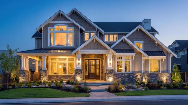 elegante hogar exterior a crepúsculo moderno arquitectura, paisajismo, y atractivo iluminación foto