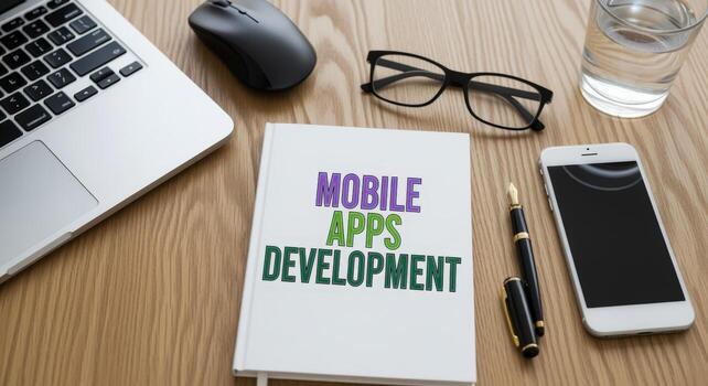 móvil solicitud desarrollo concepto con computadora portátil, teléfono inteligente, y papelería en un de madera escritorio foto