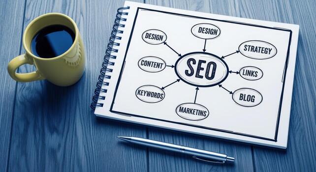 SEO Strategy Concept Notepad Diagram Showing Search Engine Optimization Factors with Coffee and Pen on Wooden Desk photo
