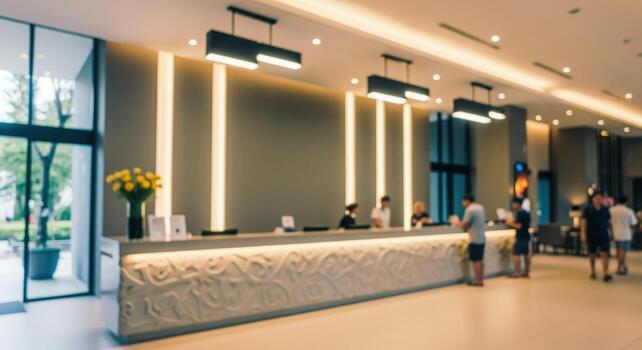 Blurred Hotel Lobby Reception Area with Guests Checking in and Staff Assisting Travelers with Modern Design photo