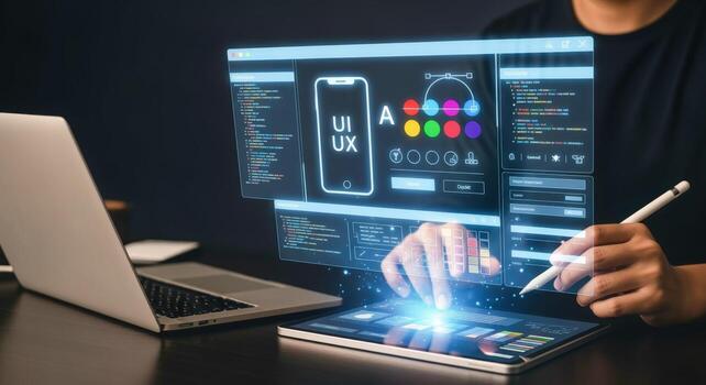 Developer Designing Mobile Application Interface with Digital Tablet and Laptop for User Experience on Dark Background photo