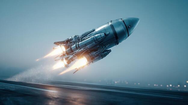 Rocket Launching into the Atmosphere with Flames and Smoke on the Runway for Space Exploration photo