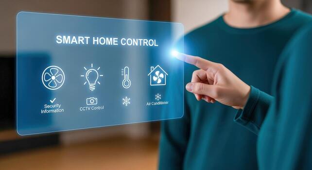 Smart Home Automation Man Interacting with Touchscreen Control Interface to Manage Household Systems photo