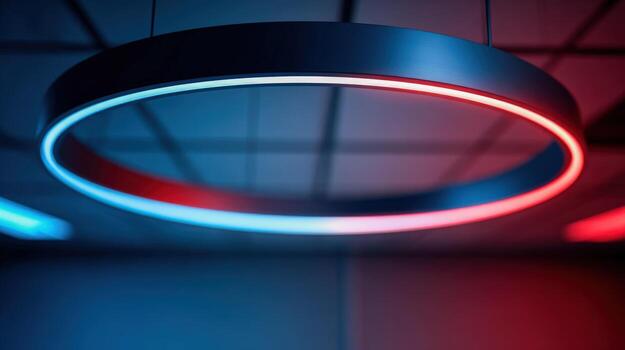 Modern Circular LED Lighting Fixture with Red and Blue Accent Lighting in a Contemporary Space photo