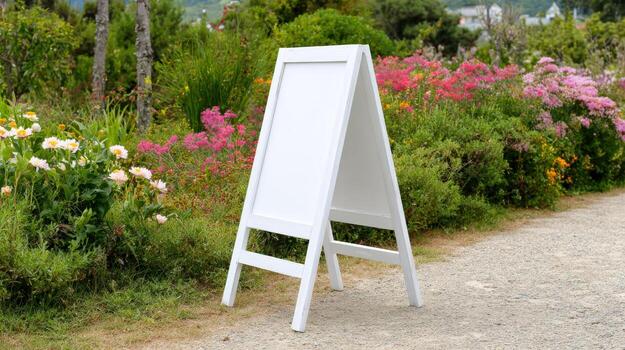 Blank White A-Frame Sign in a Garden Setting Ready for Custom Messaging and Promotions photo