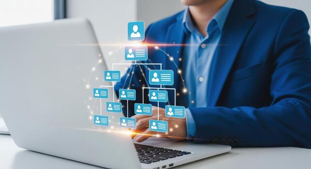 HR Technology Businessman Navigating Organizational Chart on Laptop for Strategic Workforce Management and Team Structure photo