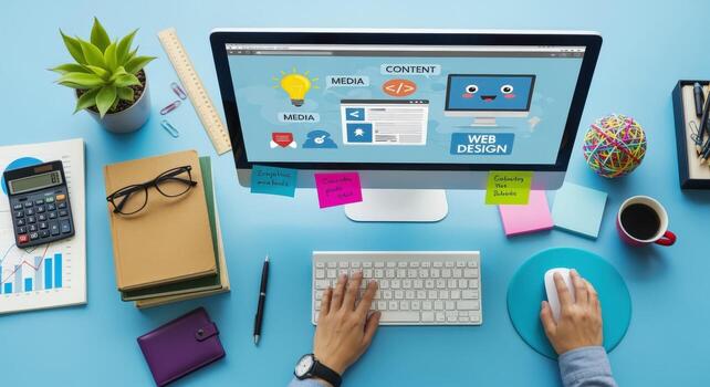 Web Designer at Work Hands on Keyboard with Desktop Computer and Modern Business Workspace photo