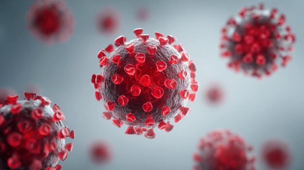 Realistic Coronavirus Render Microscopic View of Red Viral Pathogens for Scientific and Medical Visualization photo
