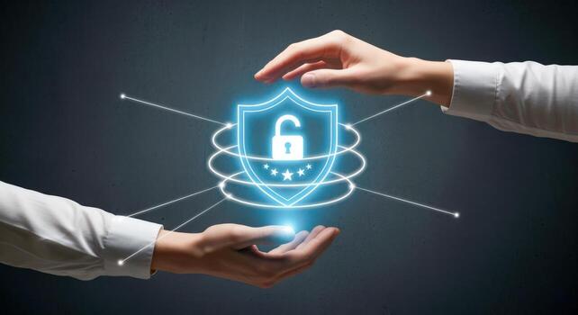 Cybersecurity Protection Concept Hands Holding Glowing Shield with Open Padlock, Digital Data Security photo