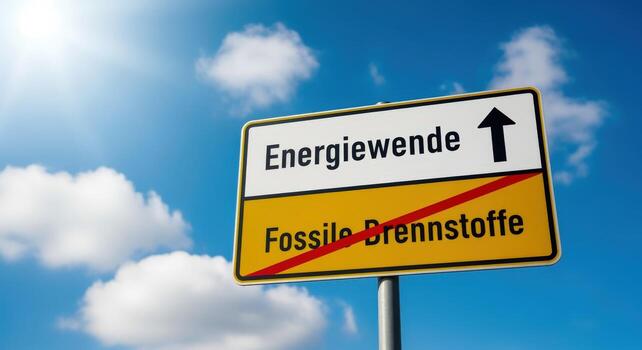 Signpost indicating transition towards sustainable energy and away from fossil fuels against a blue sky background photo