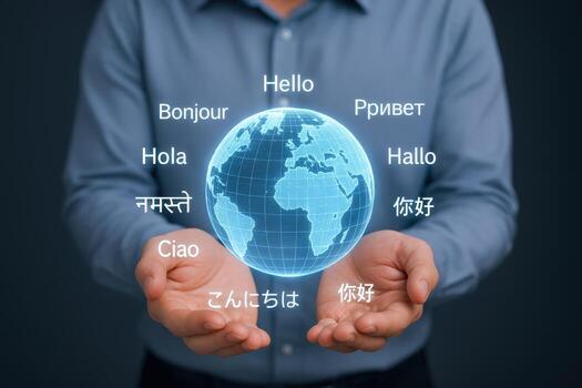 Global Communication Concept Man Holding a Holographic Earth Surrounded by Greetings in Different Languages photo